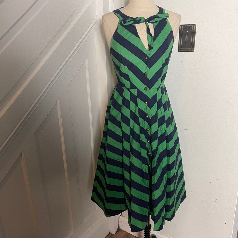 Striped Halter Fit-and-Flare Dress in Green and Navy